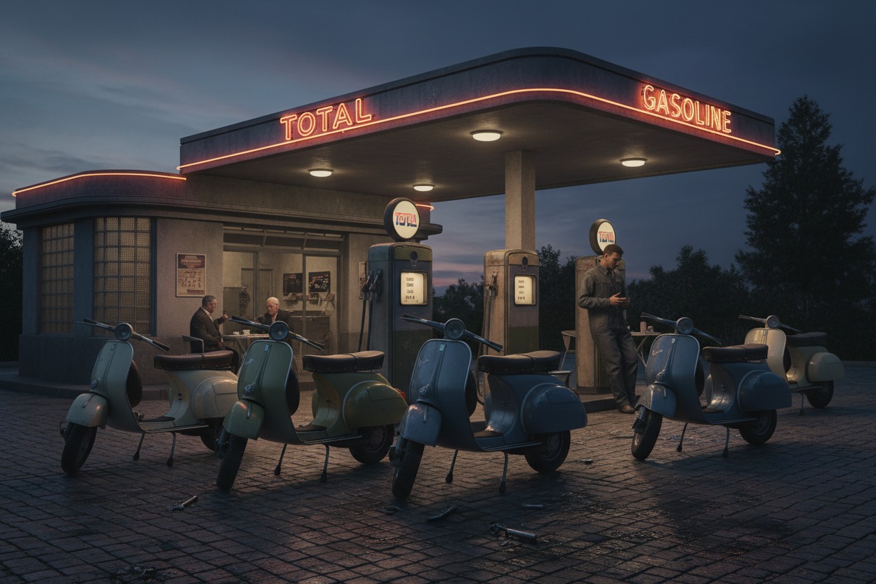 Varias motonetas clásicas están estacionadas frente a una gasolinera antigua al atardecer mientras algunas personas descansan en el lugar.